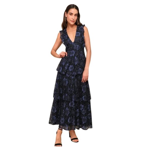 NEW‎ Lulus Molinetto Navy Blue Lace Ruffled Tiered Sleeveless Maxi Dress, Size M - Picture 1 of 12